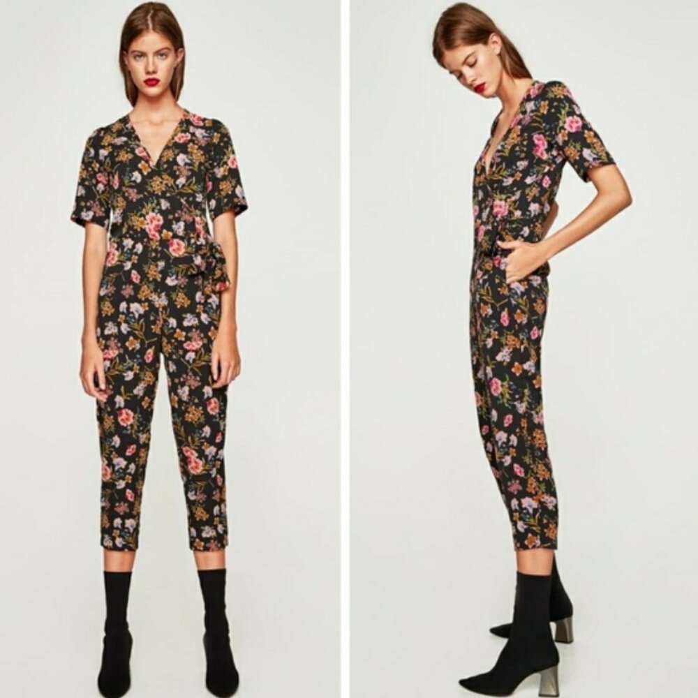 ZARA Floral Jumpsuit w Pockets Short Sleeve Cropped Bottom Faux Wrap Top Sz M